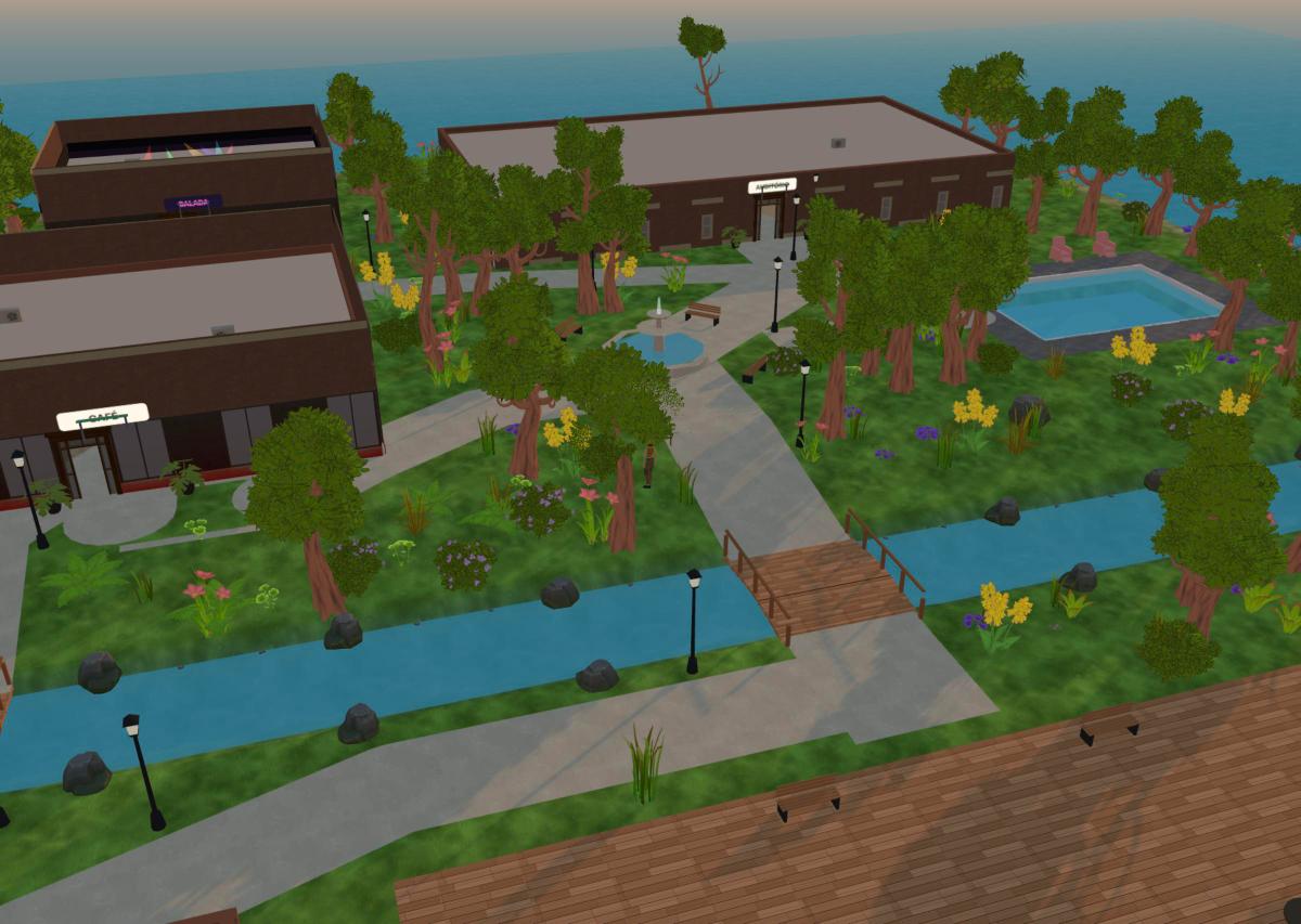 O campus KONCORD no jogo: praça com chafariz, jardins, canal com ponte e prédios de tijolo