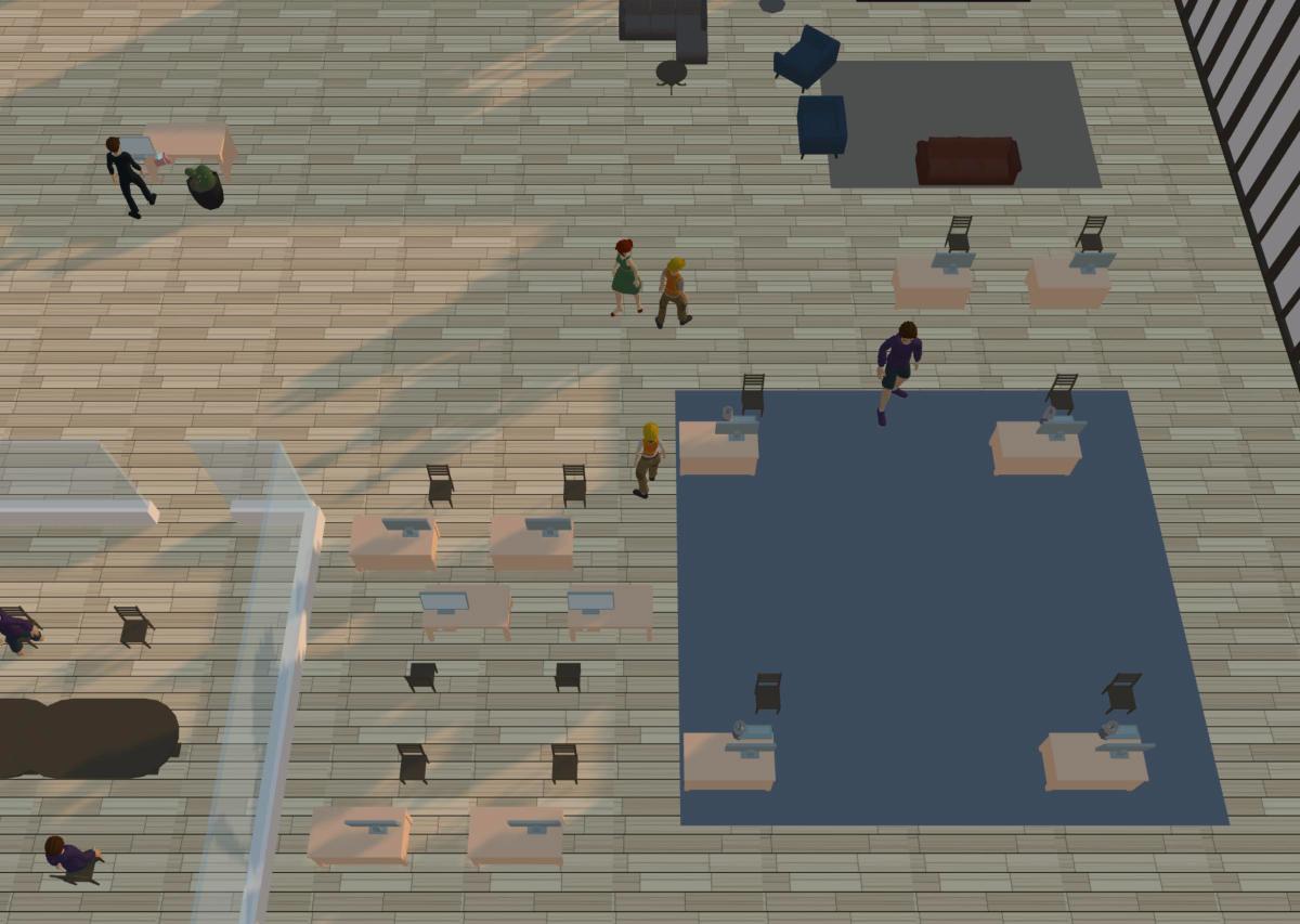 O escritório KONCORD no jogo, com mesas, colegas e sala de estar
