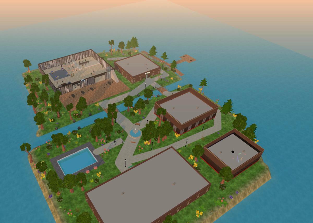 Vista aérea do campus KONCORD no jogo, com escritório, café, biblioteca, auditório, balada e piscina